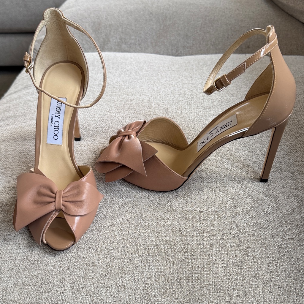 Jimmy Choo Bow Peep-Toe Ankle-Strap Heels In Tan/Nude